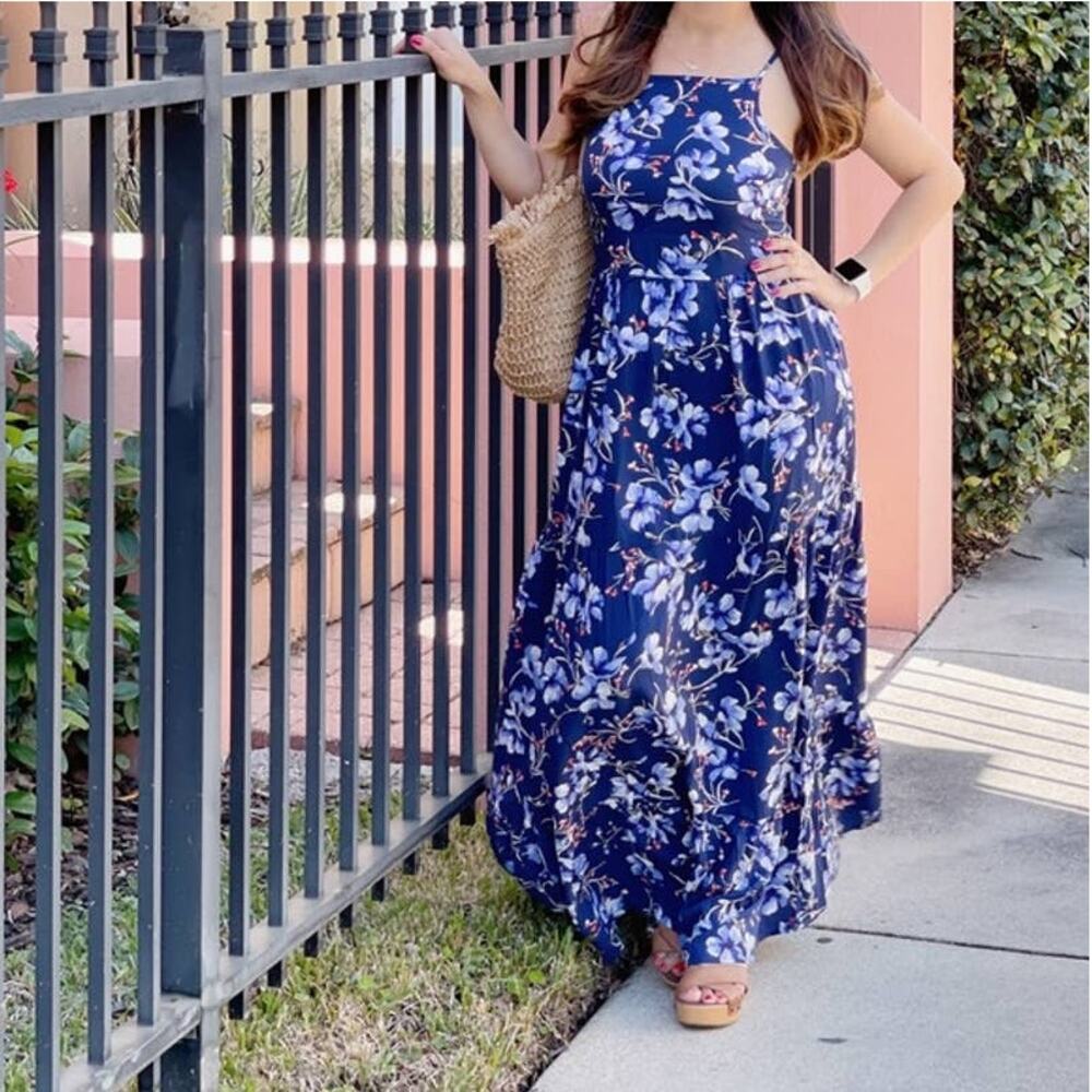 Band Of Gypsies Blue Boho Floral Print Tiered Maxi Dress Sz Small